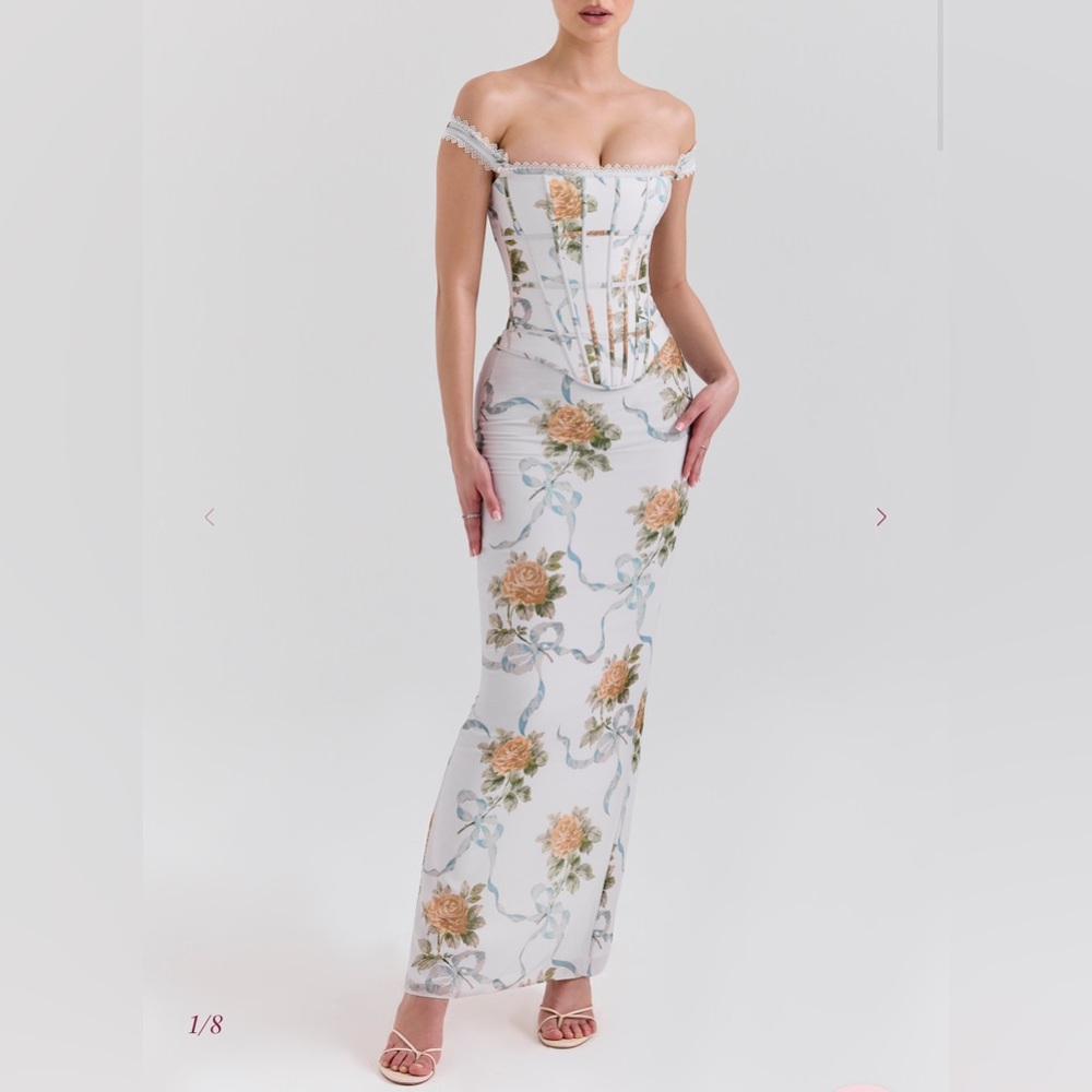 House of CB ISIS Soft Blue Vintage Print Corset Maxi Dress